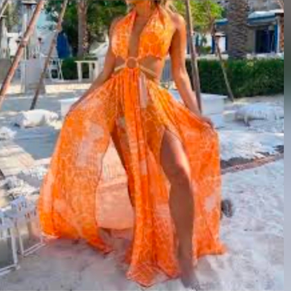 Vibrant Orange Halter Luxxe Maxi Cut - Out Dress With Side Slits (LG Petite) - Picture 3 of 11